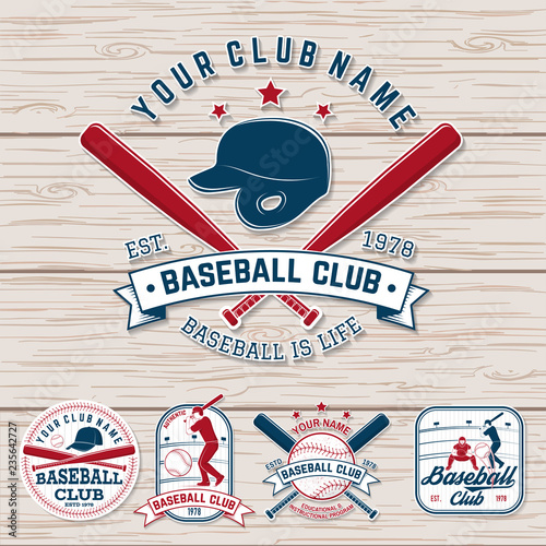 Set of baseball or softball club badge. Vector. Concept for shirt or logo, print, patch, stamp. Vintage typography design with baseball bats, batter hitting ball and ball for baseball silhouette.
