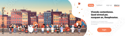 kids wearing monsters costumes walking town holiday concept cityscape background tricks or treat happy halloween cartoon character full length horizontal banner copy space flat