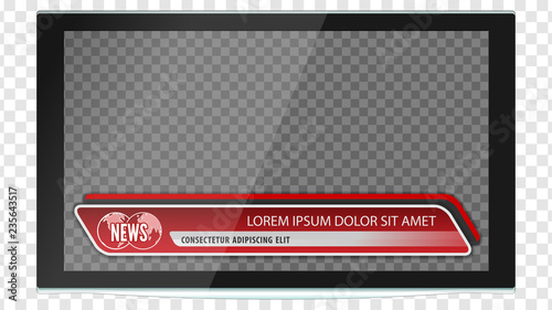 TV realistic flat screen lcd, plasma with news bars for Video headline title or lower third. Isolated on transparent background. Mock Up Template.