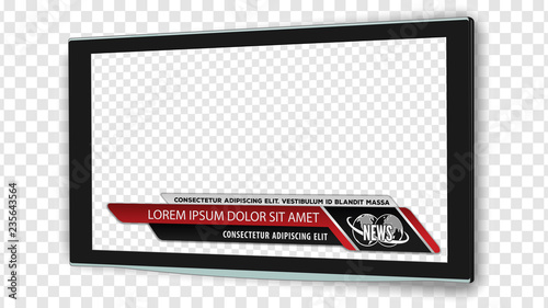 TV realistic flat screen lcd, plasma with news bars for Video headline title or lower third. Isolated on transparent background. Mock Up Template.