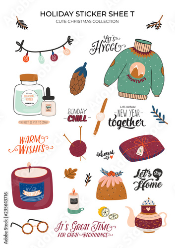 Cute nordic autumn and winter elements. Isolated on white background. Motivational typography of hygge quotes. Scandinavian style illustration good for stickers, labels, tags, cards, posters. Vector