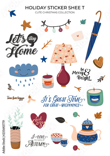 Cute nordic autumn and winter elements. Isolated on white background. Motivational typography of hygge quotes. Scandinavian style illustration good for stickers, labels, tags, cards, posters. Vector