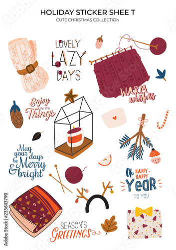 Cute nordic autumn and winter elements. Isolated on white background. Motivational typography of hygge quotes. Scandinavian style illustration good for stickers, labels, tags, cards, posters. Vector