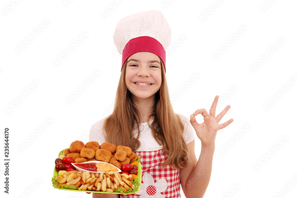 Happy girl cook with chicken nuggets and ok hand sign Happy girl cook with chicken nuggets and ok hand sign