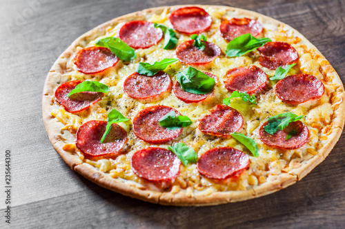 Pepperoni Pizza with Mozzarella cheese, salami, Tomato sauce, pepper, Spices and Fresh Basil. Italian pizza on wooden table background