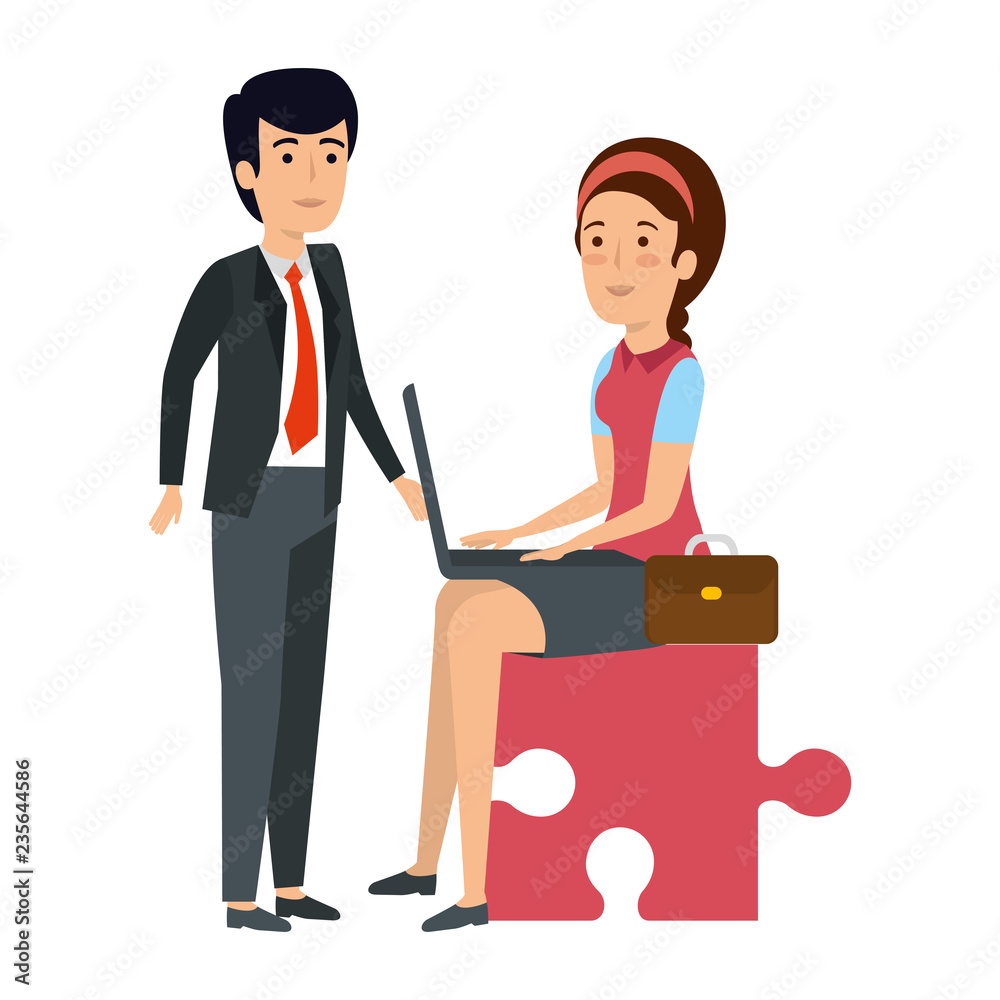 Obraz premium business couple sitting in puzzle piece with laptop