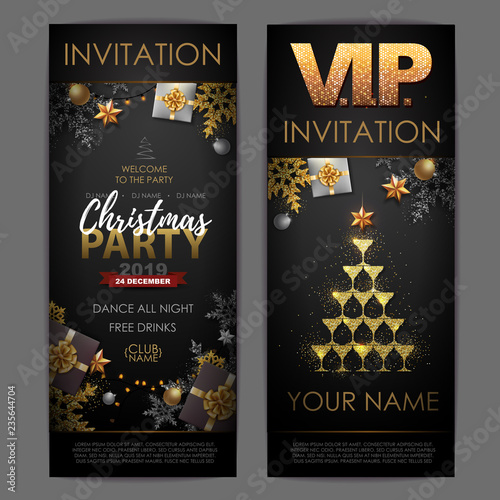 Christmas poster with golden champagne glasses. Invitation design. Pyramid of champagne glasses