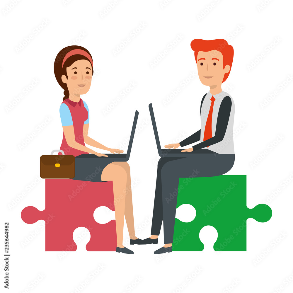 Obraz premium business couple sitting in puzzle piece with laptop