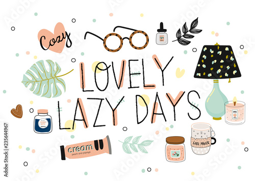 Cute vector illustration with autumn and winter hygge elements. Isolated on white background. Motivational typography of hygge quotes. Scandinavian style