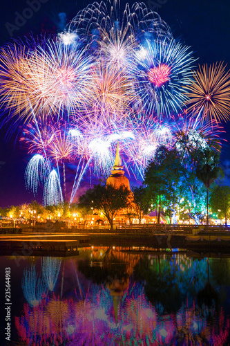 Beautiful Fireworks Reflection Over Old Pagoda Loy Krathong Festival Sukhothai Thailand Amazing Historic Town 