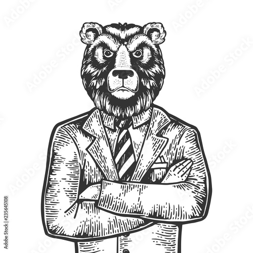 Bear head stock exchange worker businessman engraving vector illustration. Scratch board style imitation. Black and white hand drawn image.