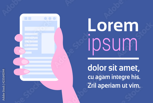 human hand holding smartphone mobile online application screen social media profile concept horizontal copy cpace flat