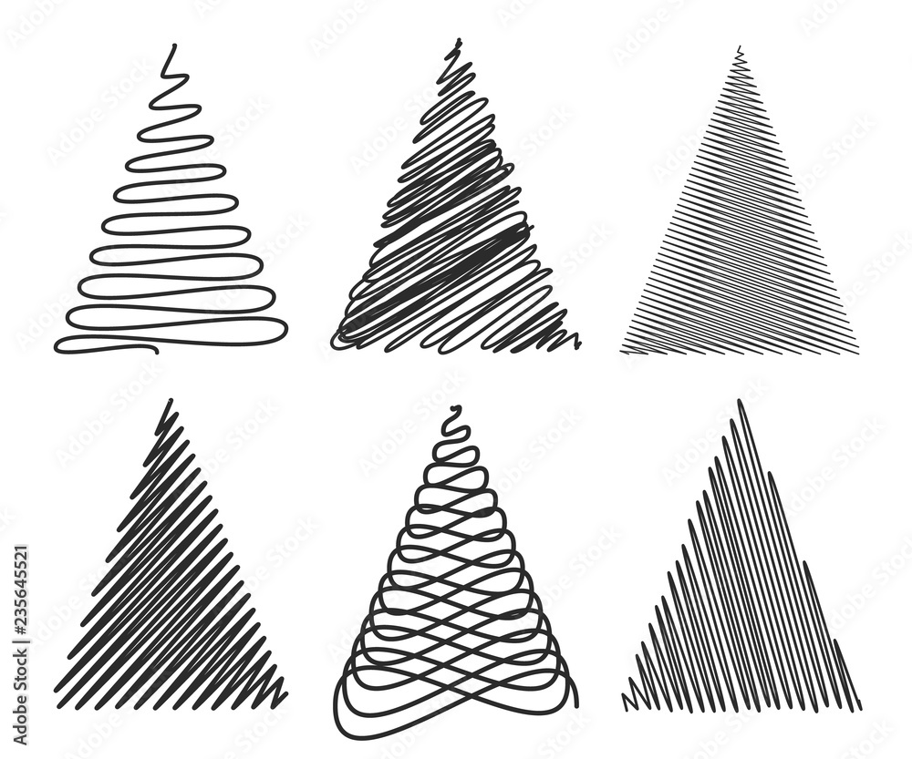 Obraz premium Triangle or christmas tree shapes with hand drawn style sketch and scribble designs isolated on white.