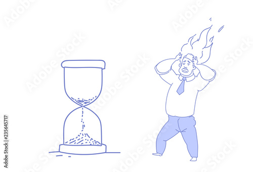 overworked business man hold burning head looking sand watch deadline concept stressed business man office worker sketch doodle horizontal