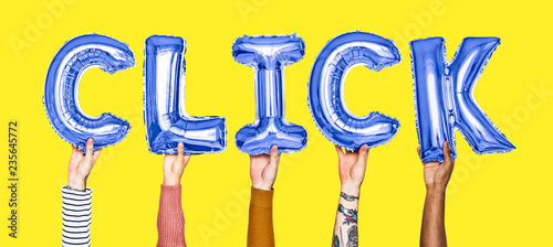 Hands holding cilck word in balloon letters photo
