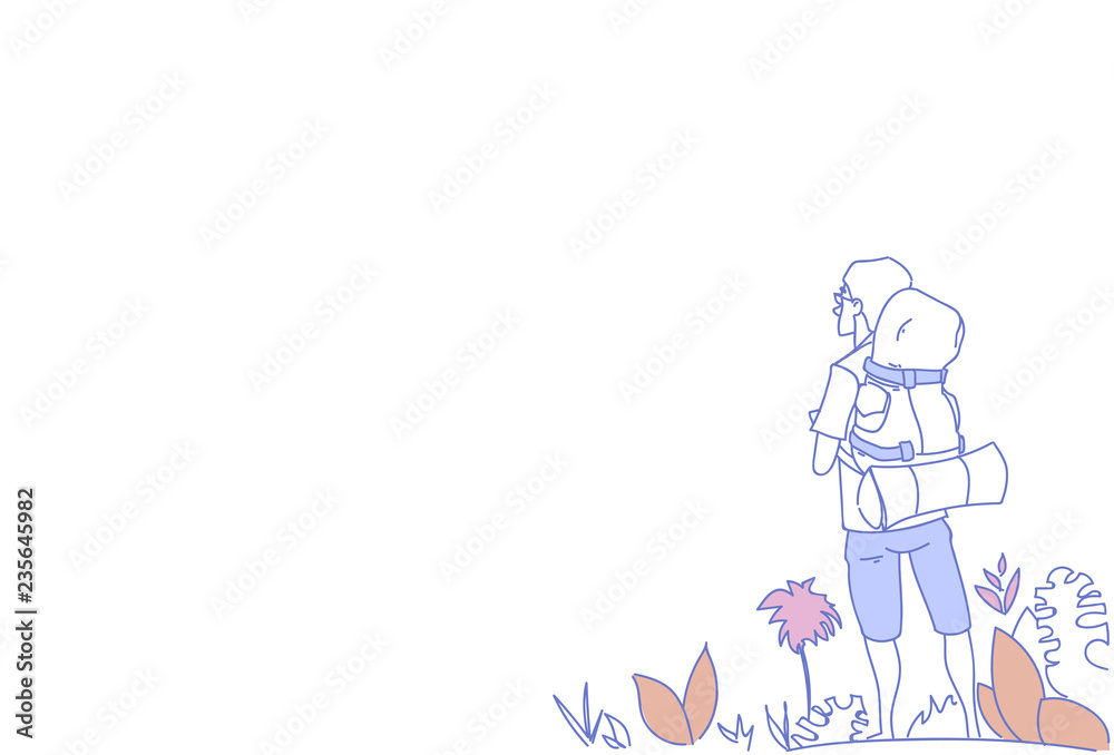 Man backpacker enjoy view guy traveler summer adventure vacation concept sketch doodle horizontal Man backpacker enjoy view guy traveler summer adventure vacation concept sketch doodle horizontal