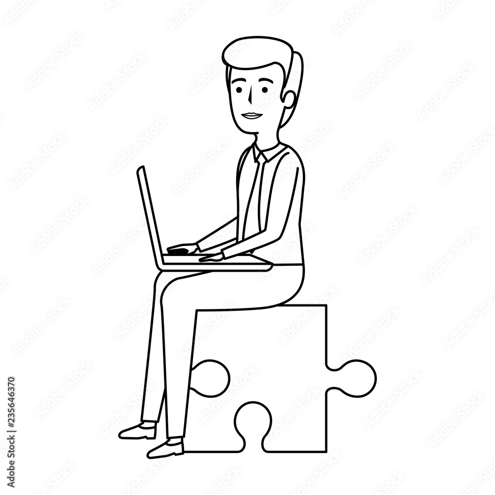 businessman sitting in puzzle piece with laptop