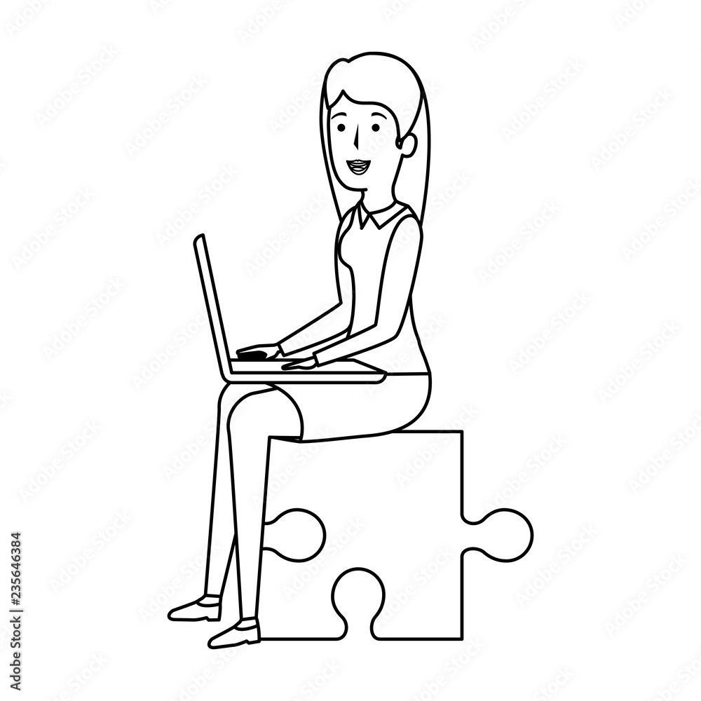 businesswoman sitting in puzzle piece with laptop businesswoman sitting in puzzle piece with laptop