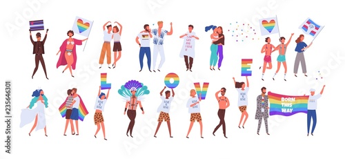 Crowd of people taking part in pride parade. Men and women at street demonstration for LGBT rights. Group of gay  lesbian  bisexual  transgender activists. Colorful vector illustration in flat style.