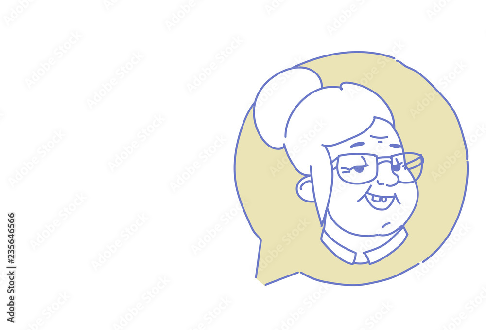 senior female head chat bubble profile icon elderly woman avatar support service call center concept sketch doodle character portrait horizontal