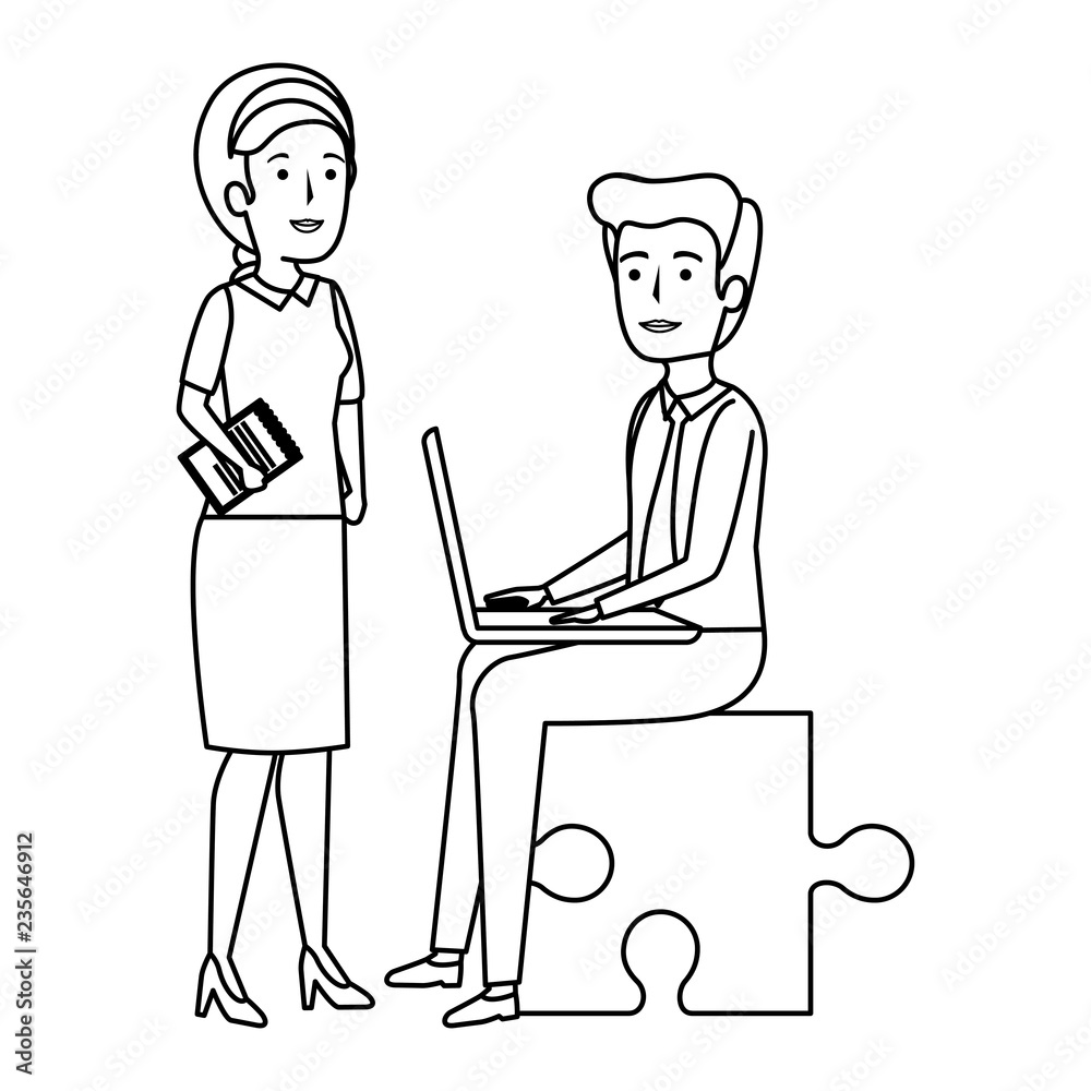 business couple sitting in puzzle piece with laptop business couple sitting in puzzle piece with laptop