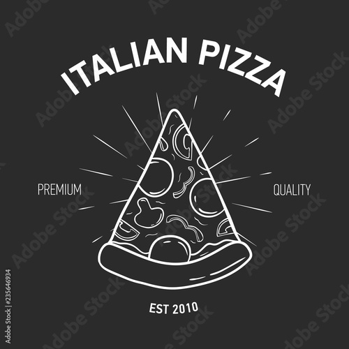 Retro logotype with pizza slice and radial rays drawn with white contour line...