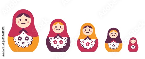 Collection of traditional Russian folk handcrafted nesting dolls isolated on white background. Bundle of matryoshkas of different size. Popular touristic souvenir. Flat cartoon vector illustration.