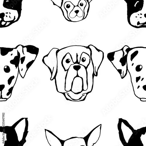 Seamless pattern with Dog breeds. Bulldog, Husky, Alaskan Malamute, Retriever, Doberman, Poodle, Pug, Shar Pei, Dalmatian
