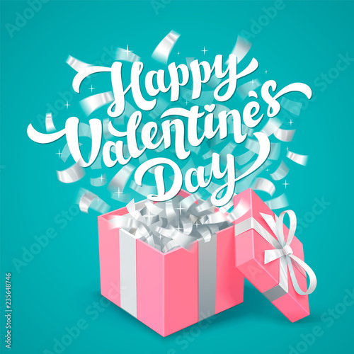 Sant Valentines Day greeting card. White Happy Valentines day lettering and p...