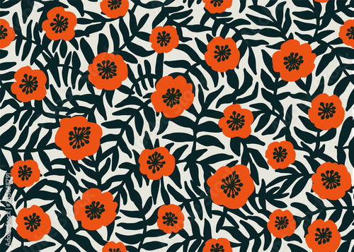 Seamless Floral Pattern. retro style Red poppies pattern with poppy flowers a...