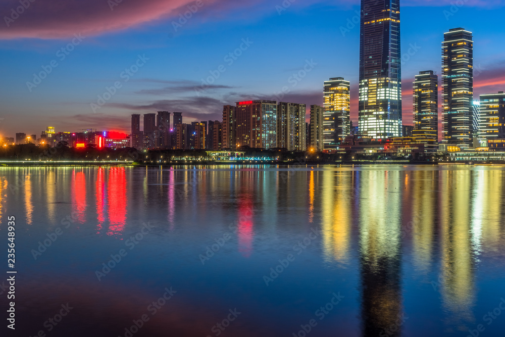 urban skyline and modern buildings at dusk, cityscape of China.