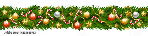 Christmas tree garland with baubles isolated on white