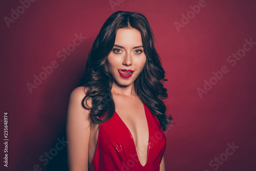 Bilde på lerret Good-wearing alluring pretty brunette lady with modern curly wav
