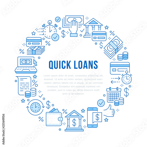 Finance, money loan circle template flat line icons. Quick credit approval, currency transaction, no commission, cash deposit atm vector brochure illustration. Thin blue signs for banking poster.