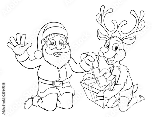 Santa and his reindeer opening Christmas gift coloring scene