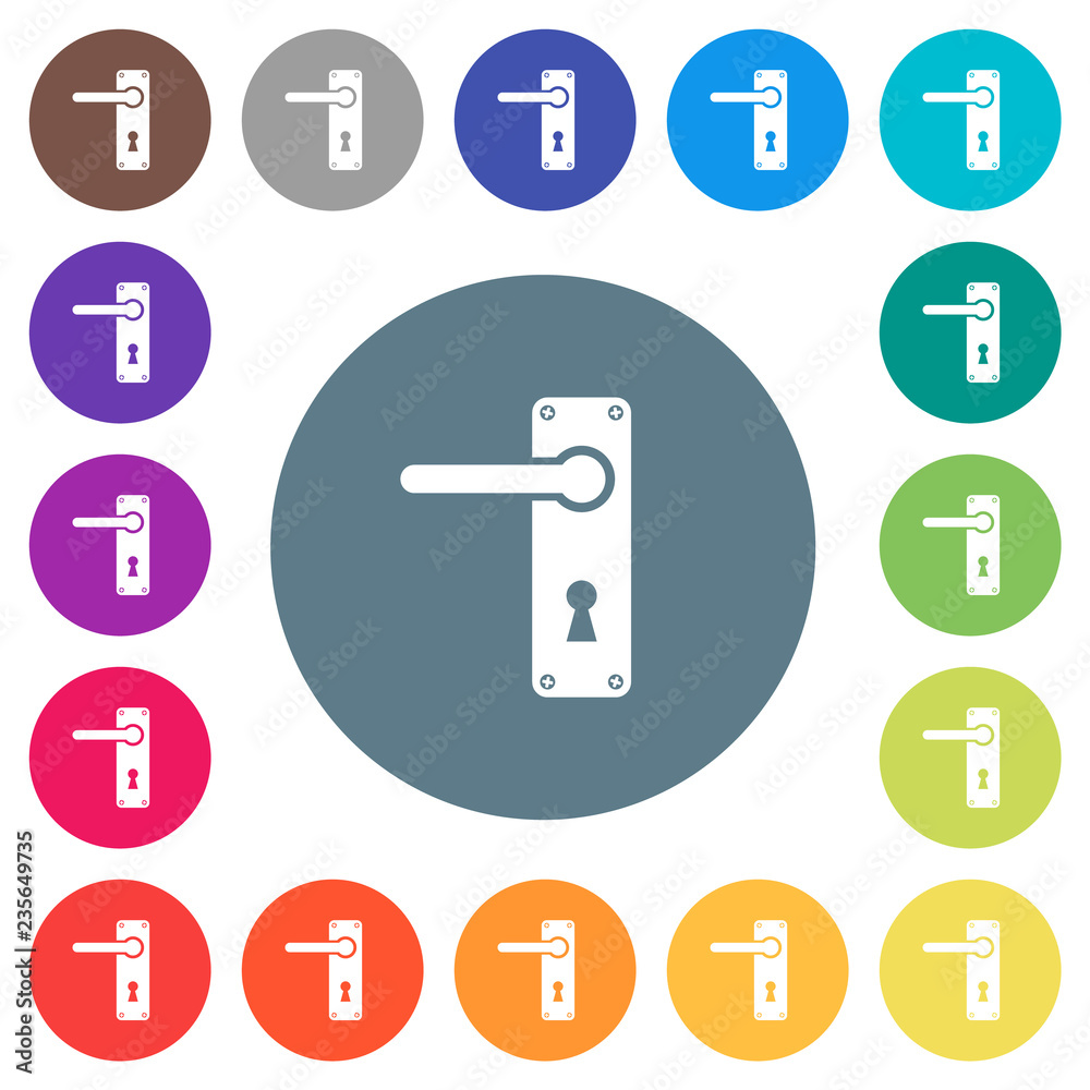 Left handed door handle with screws flat white icons on round color backgrounds Left handed door handle with screws flat white icons on round color backgrounds