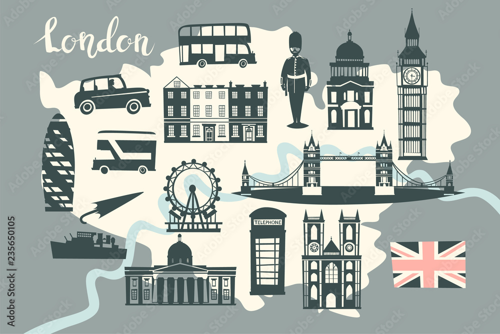 London illustrated map vector. Skyline silhouette Illustration, gray color.  Abstract colorful atlas poster. Illustrated abstract map of London, England