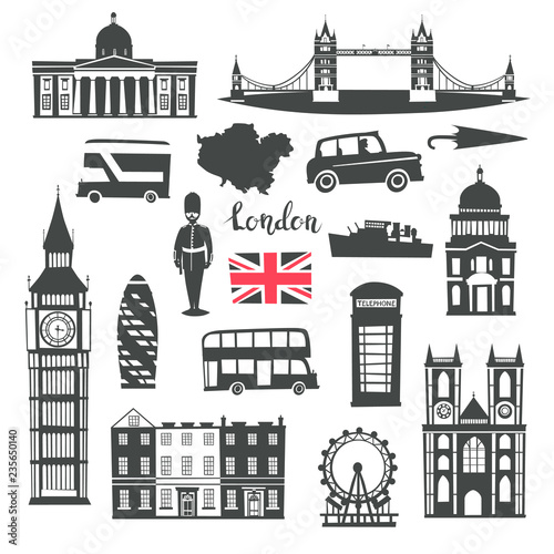 London vector illustration set. Cartoon United Kingdom skyline silhouette icons. London tourist landmarks, contour. Tower bridge art. London symbols isolated on white
