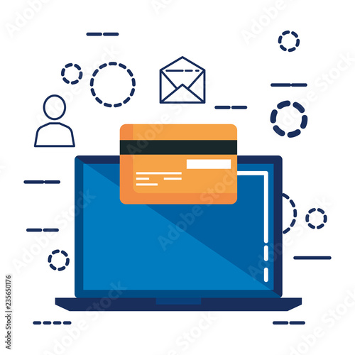 laptop with credit card and set icons