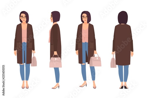 Smiling woman dressed in elegant casual clothes. Pretty girl wearing jeans and cardigan and holding handbag. Female cartoon character isolated on white background. Flat cartoon vector illustration.