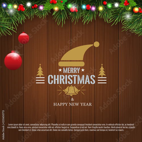 Horizontal Christmas border frame with fir branches  pine cones  berries and lights over wood background. Vector illustration social network pages.