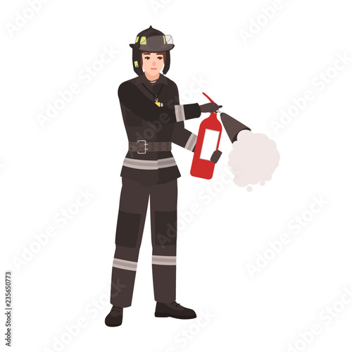 Firefighter, fireman or rescuer wearing fireproof protective uniform, helmet and holding fire extinguisher