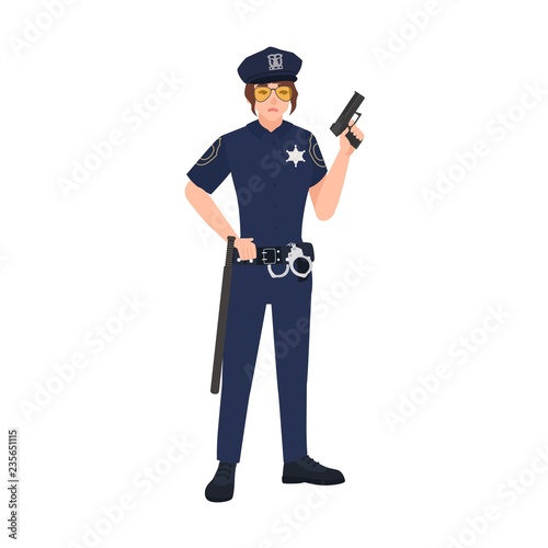 Female police officer wearing uniform, cap and sunglasses and holding gun. Woman cop or policewoman. Cartoon character isolated on white background. Colorful vector illustration in flat style.