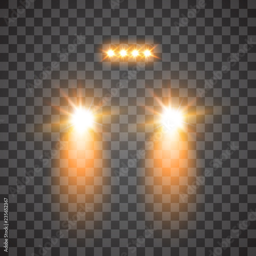 Cars flares light effect. Realistic white glow round car headlight beams isolated on transparent gloom background. Vector bright train lights for your design.