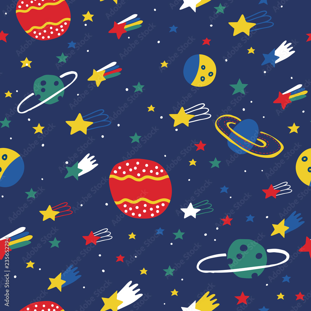 Childish seamless pattern with stars and planets. Hand drawn overlapping background for your design. Vector childish background for fabric, textile, nursery wallpaper.