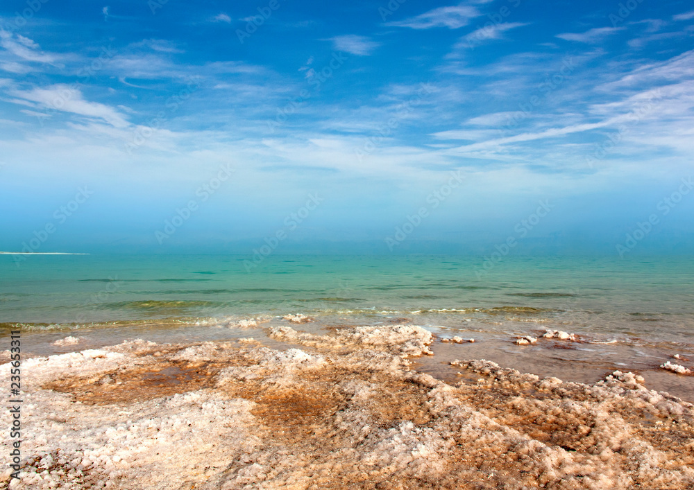 The shore of the Dead sea is going into the horizon.