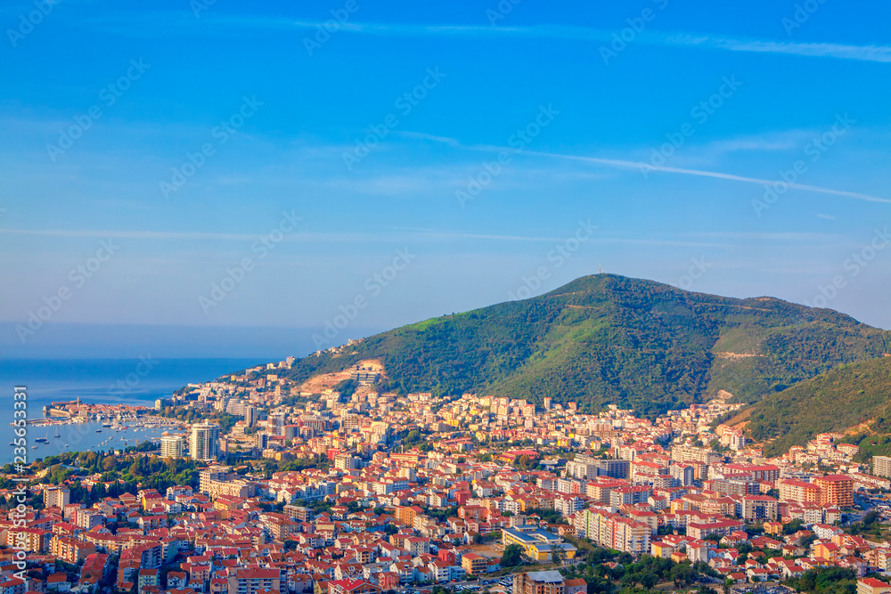 aerial panorama of Budva town and Adriatic Sea in Montenegro