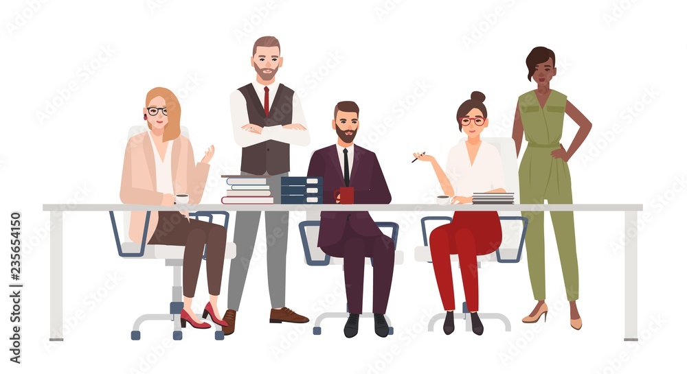 Team of smiling office workers sitting at desk and discuss work issues. Male and female managers at brainstorm meeting. Cartoon characters isolated on white background. Flat vector illustration. Team of smiling office workers sitting at desk and discuss work issues. Male and female managers at brainstorm meeting. Cartoon characters isolated on white background. Flat vector illustration.