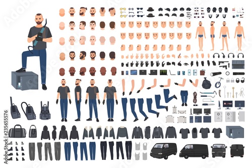 Cracksman, burglar or safe cracker creation set or DIY kit. Set of flat male cartoon character body parts in different poses, clothes and accessories isolated on white background. Vector illustration.
