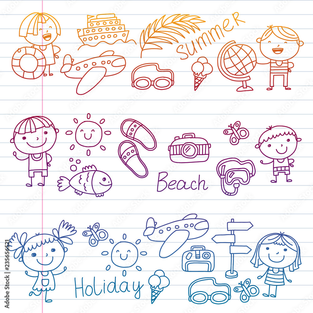 Vector pattern with children icons. Summer vacation at seashore, sea, ocean, beach. Small kids having fun.